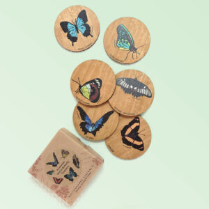 Set of six wooden coasters and their recycled cardboard presentation box. Each coaster is a different coloured butterfly.