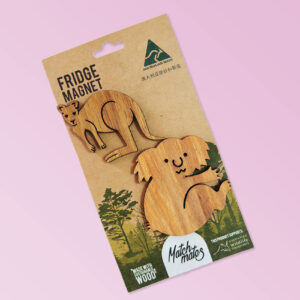 Kangaroo and koala shaped magnet two pack presented on recycled card.