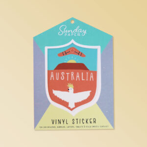 Australian Made vinyl sticker of Australia featuring Ulura, a cockatoo and a boomerang. A simple cute design sticker in a nice card flat package