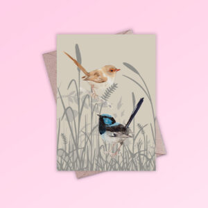 Greeting card printed in Australia. Made with recycled card. It has an image of a pair of blue wren birds in grassland on the front and is blank inside.