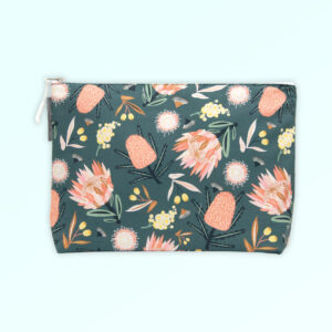 Large cosmetic bag with the Aussie Flora design fabric in khaki