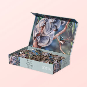 Koala and wren 500 piece puzzle with the box lid open showing the pieces