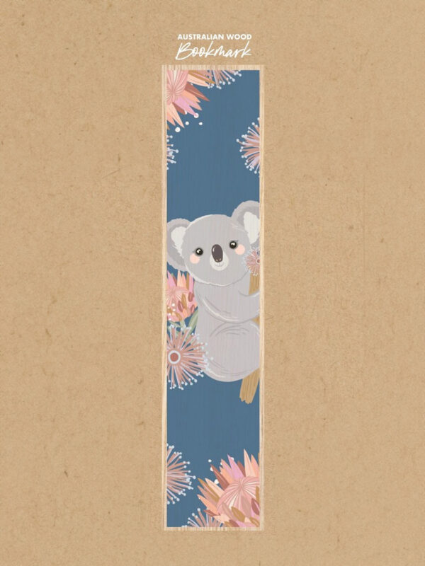 Koala and Australian flora wooden bookmark with blue background